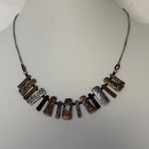 Mixed Metal Textured Bar Necklace Silver Copper Bronze Etched Statement Artisan